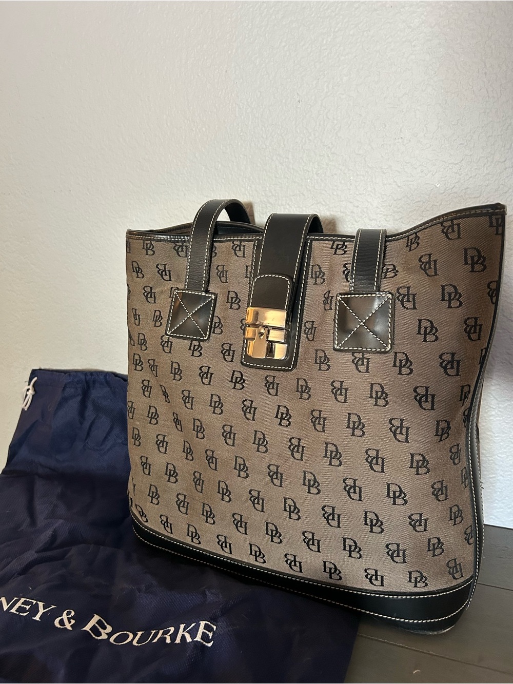 Dooney & Bourke DB Brown Logo Messenger Tote with Leather Trim and Lock Strap